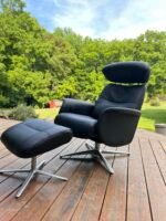 Danish Modern Black Leather Swivel Recliner with Footstool