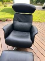 Danish Modern Black Leather Swivel Recliner with Footstool - Image 2