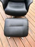 Danish Modern Black Leather Swivel Recliner with Footstool - Image 3